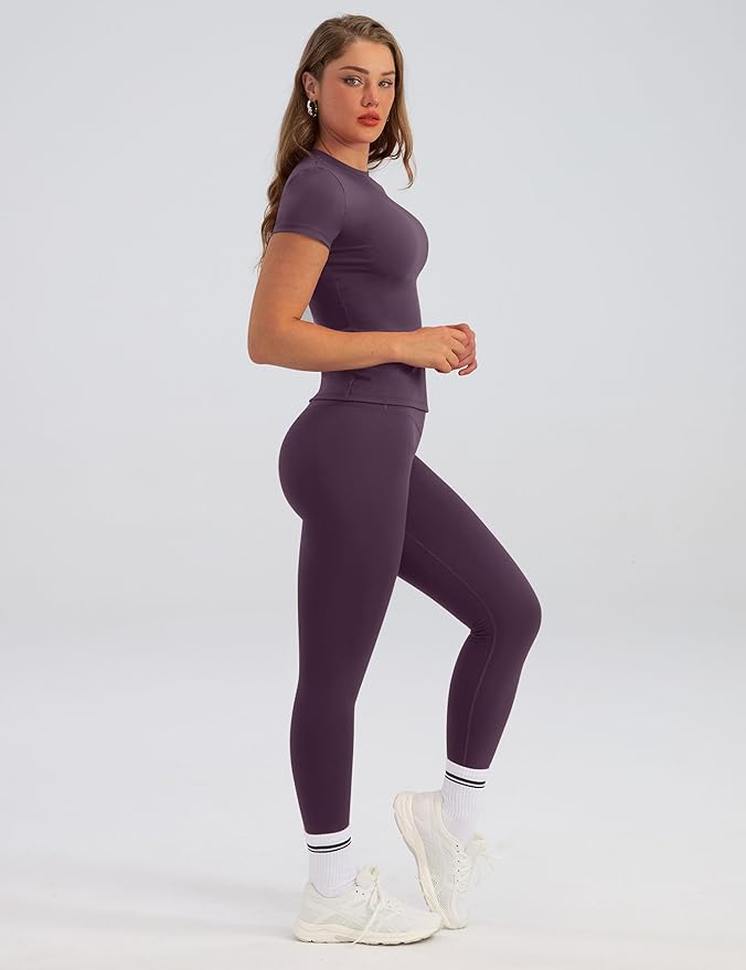 Relety Womens Two Piece Workout Sets Slim Fit Short Sleeve Shirt High Waist Leggings Yoga Outfits Matching Gym Set