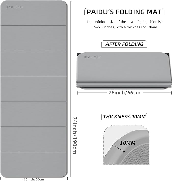 PAIDU Foldable Fitness Yoga Mat | 2/5" (10MM) Extra Thick | SGS Certified Non-Slip TPE | 75x26" Extra Long-Wide | Portable & Easy Store | for Yoga, Pilates, Home Gym & Full-Body Workouts