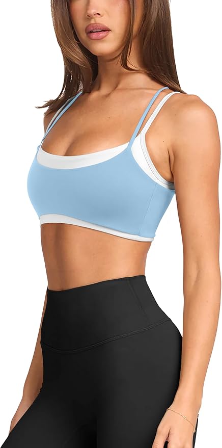 LASLULU Womens Double Layered Sports Bra Adjustable Spaghetti Straps Sexy Scoop Neck Wireless Padded Workout Yoga Crop Tops