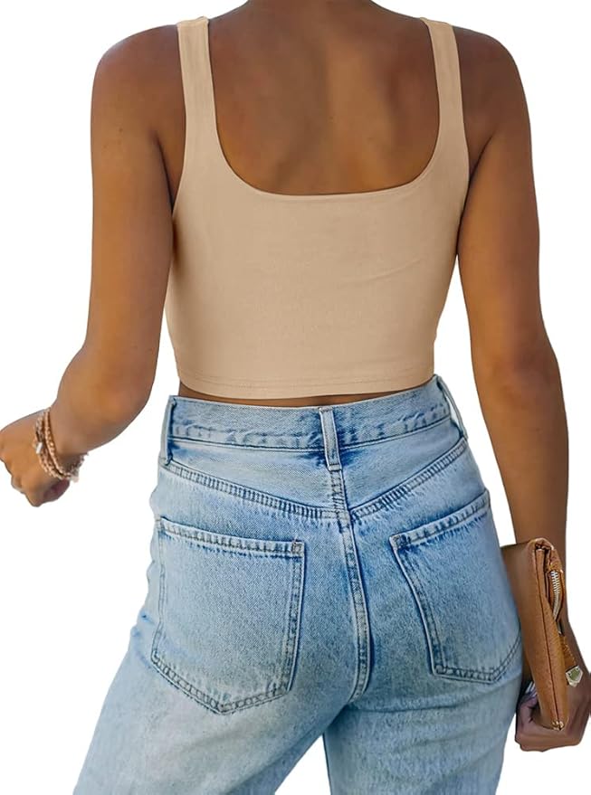 REORIA Women’s Sexy Square Neck Double Lined Seamless Sleeveless Cropped Tank Yoga Crop Basic Tops