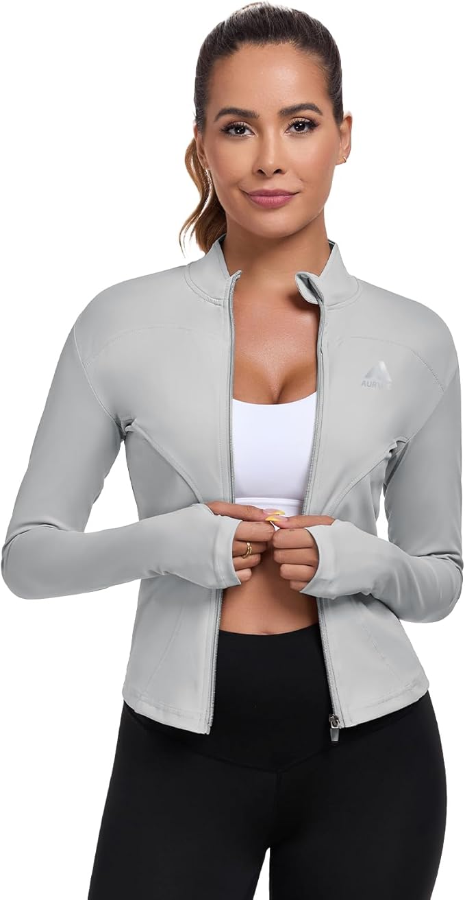 Women's Full Zip Workout Jacket Lightweight Running Slim Fit Athletic Jackets With Thumb Holes