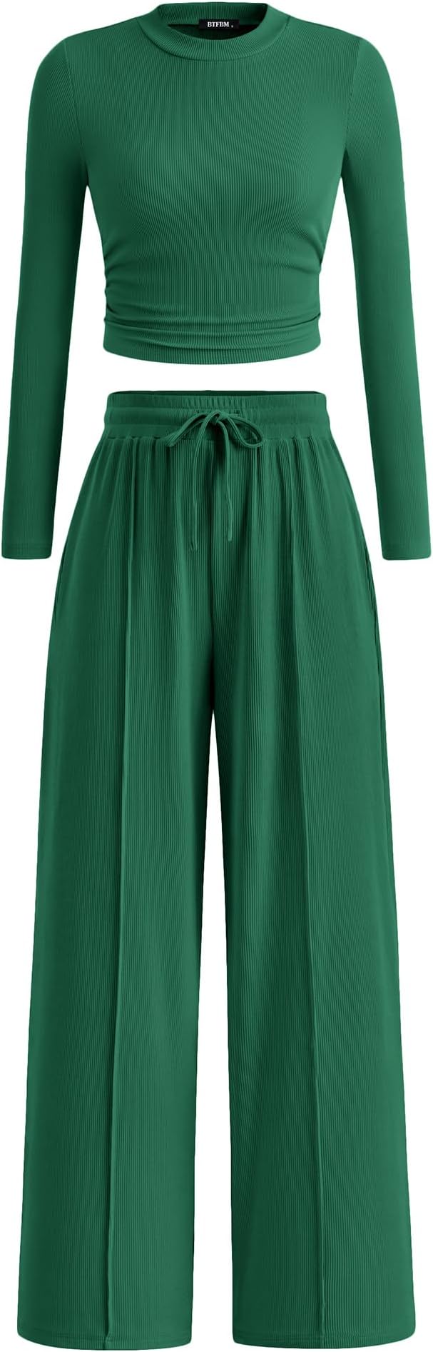 BTFBM Casual 2 Piece Sets For Women Fall Outfits 2026 Ribbed Spring Long Sleeve Crop Top Wide Leg Pants Matching Lounge Set