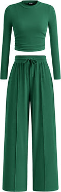 BTFBM Casual 2 Piece Sets For Women Fall Outfits 2026 Ribbed Spring Long Sleeve Crop Top Wide Leg Pants Matching Lounge Set