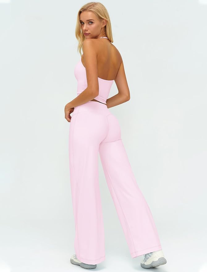 QBGJTD Womens Workout Sets Two Piece Spaghetti Straps Crop Top Matching Straight Leg Pants Gym Work Pilates Outfits