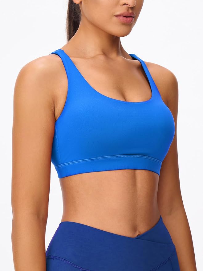 Women's Strappy Sports Bras Light Compression Crop Criss Cross Back Padded Workout Yoga Bra Supportive U Neckline
