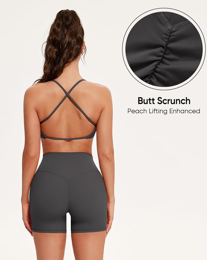 OMKAGI Workout Sets for Women Open Back Strappy Sports Bra Booty Biker Shorts Gym Outfits