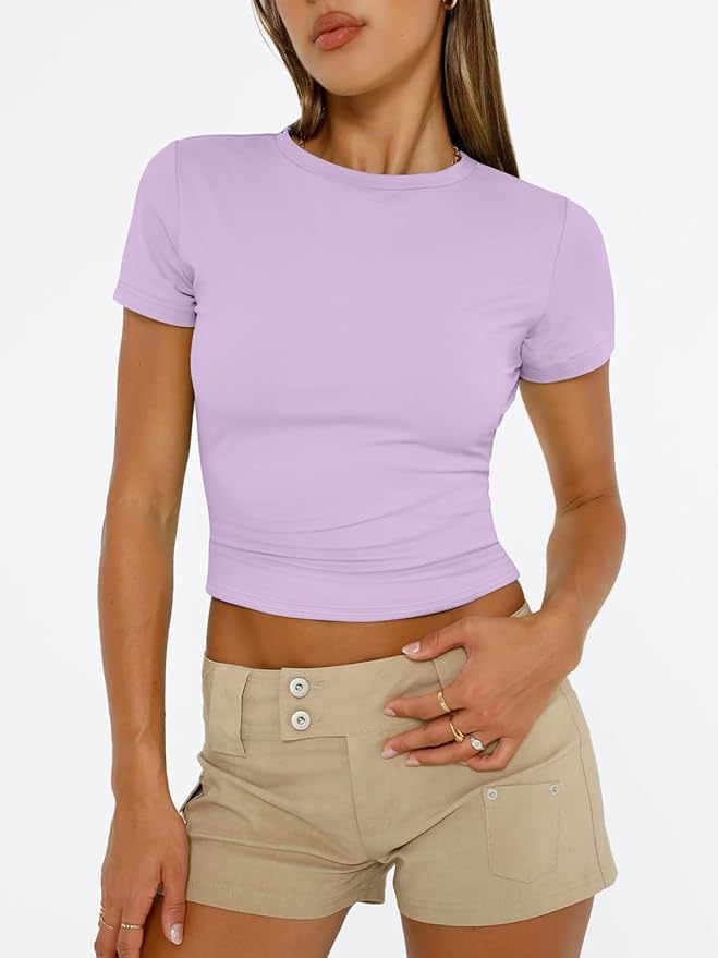 Trendy Queen Womens Short Sleeve T Shirts - Buttery Soft Summer Crop Tops Slim Fit Y2k Basic Tees for Workout