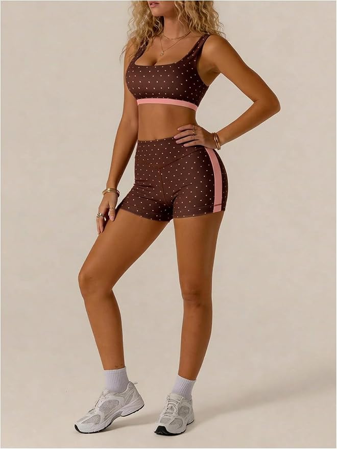 Milumia Women's Polka Dots Workout Set 2 Piece Color Block Yoga Outfit Bra Tank High Waisted Biker Shorts