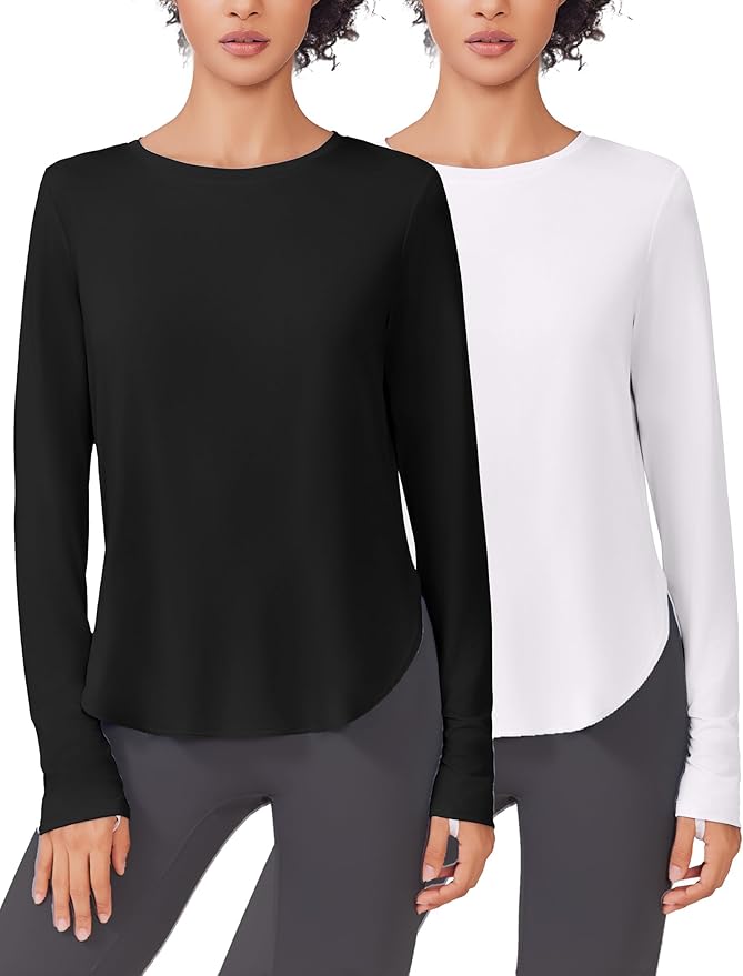 PINSPARK 2 Pack Long Sleeve Workout Tops for Women UV Protection Soft Workout Tops Lightweight Athletic Running Hiking Shirt