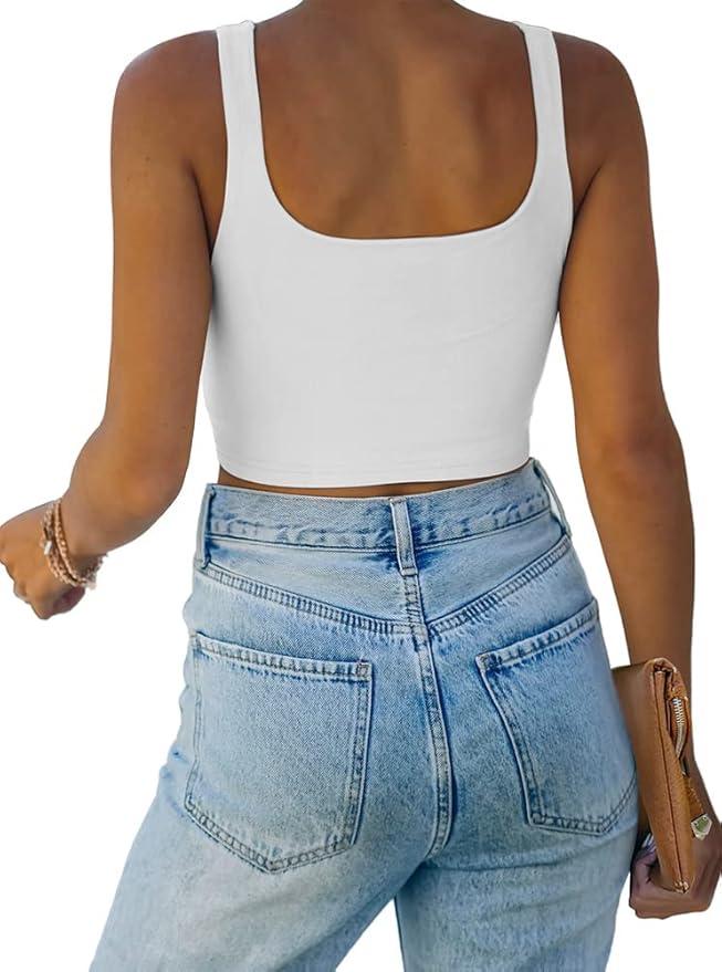 REORIA Women’s Sexy Square Neck Double Lined Seamless Sleeveless Cropped Tank Yoga Crop Basic Tops