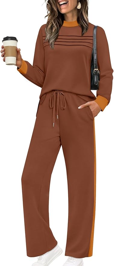 WIHOLL Two Piece Sets for Women Spring Travel Vacation Outfits 2026 Long Sleeve Lounge Sets Side Slit Wide Leg Pants S-3XL