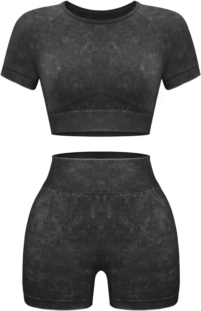 OLCHEE Womens Workout Sets 2 Piece - Seamless Acid Wash Yoga Outfits Shorts and Crop Top Matching Gym Athletic Clothing Set