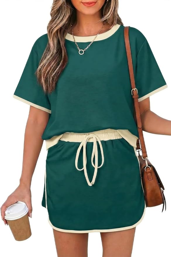 Opemiby Womens 2 Piece Skort Set 2026 Color Block Short Sleeve Top Drawstring Skort Matching Sets Casual Lounge Summer Outfit
