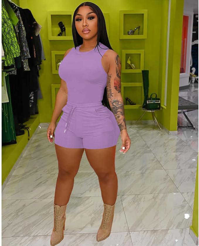 HBQ Women 2 Piece Outfits Sleeveless Tank Tops Biker Short Workout Jogger Sets Summer