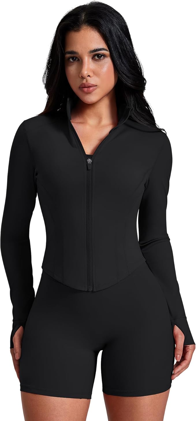 AVGO Women's Workout Jacket Lightweight Zip Up Crop Top Running Sportwear Slim Fit Gym Jackets With Thumb Holes