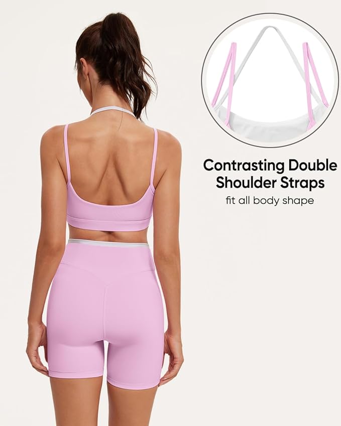 OMKAGI Workout Sets for Women Cute Doubel Layer Open Back Sports Bras Gym Shorts Outfits