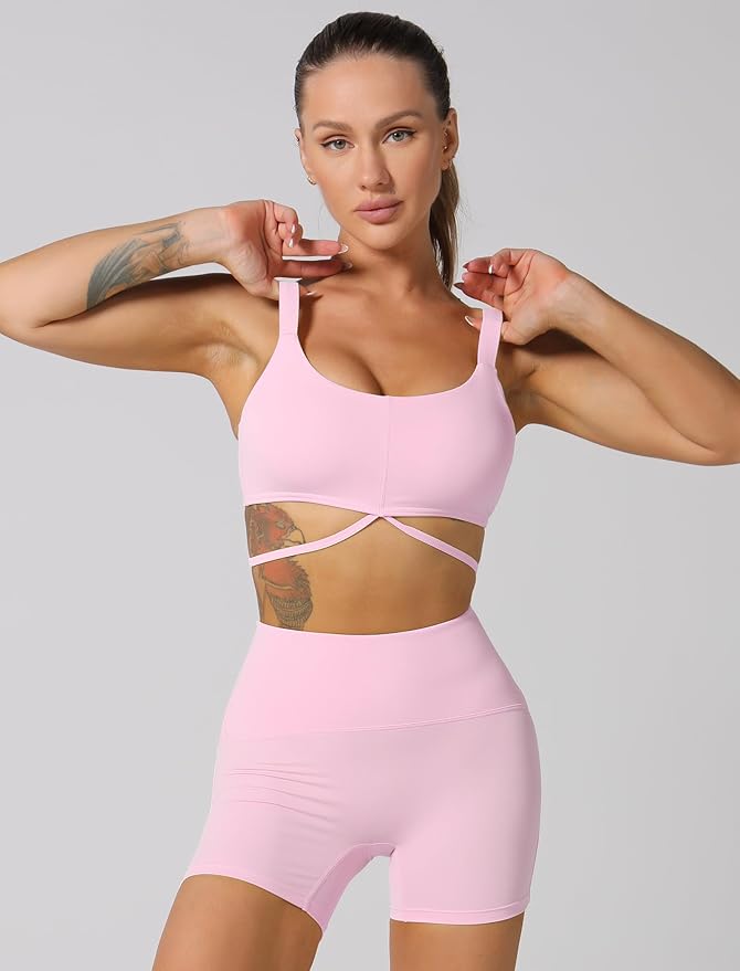 ABOCIW Workout Sets for Women 2 Piece Twist Front Halter Sports Bras High Waist Biker Shorts Exercise Gym Yoga Outfit