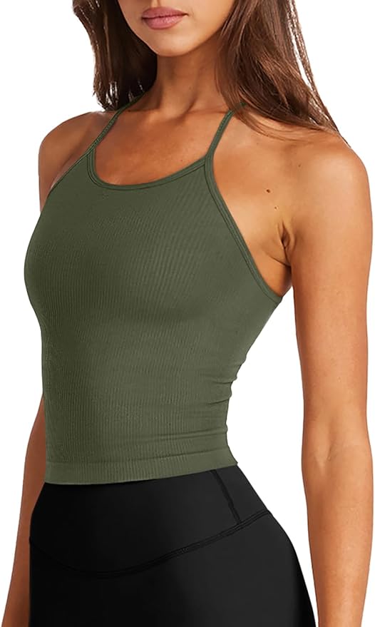 LASLULU Womens Sports Bra Seamless Long Crop Tank Racer Back Spaghetti Strap Workout Yoga Bra Padded Halter Neck Casual Tops