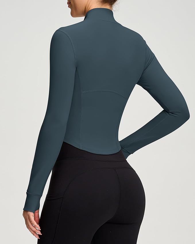 Women BBL Jacket Full Zip UP Workout Athletic Cropped Jacket wIth Thumb Holes Running Yoga Sportswear