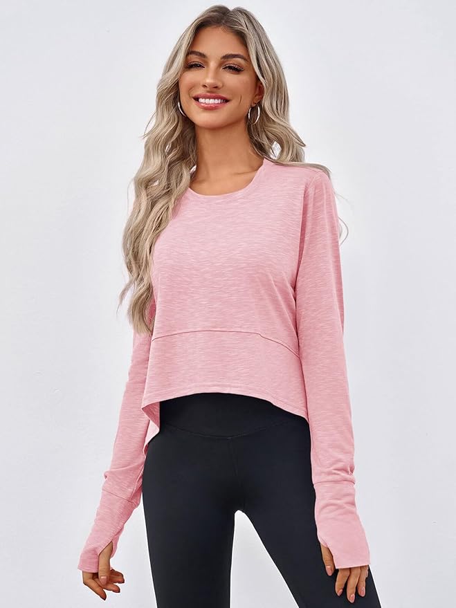 Aurgelmir Womens Long Sleeve Cropped Tops Loose Workout Athletic T-Shirts Flowy Sweatshirt for Yoga Tiered Hem Gym Tees