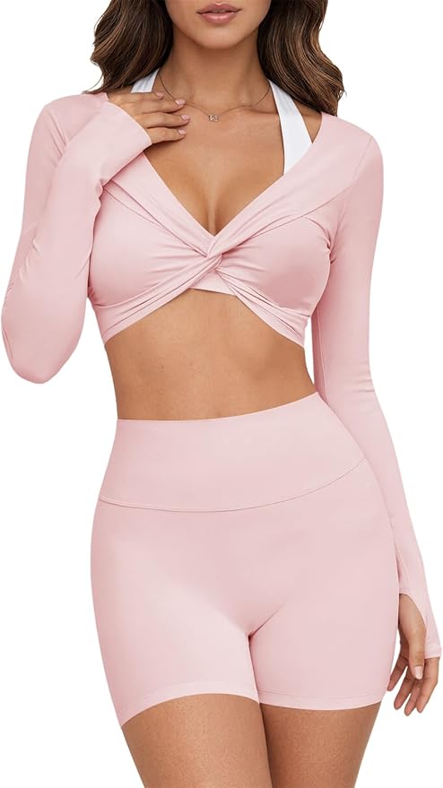 Yousify Womens Long Sleeve Workout Crop Tops Twist Deep V Neck Y2k Yoga Pilates Ballet T Shirt Top with Thumb Holes