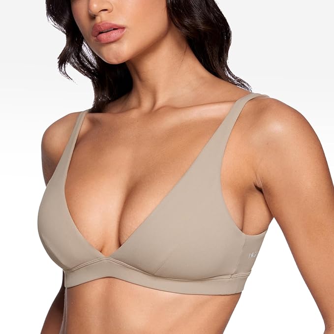 INGIA Womens Deep V-Neck Sports Bra Padded Low Impact Fitness Yoga Bra U Back Wireless Workout Bra Contour Crop Top