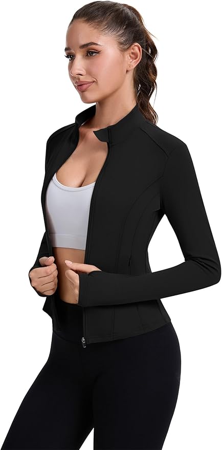 ZHENWEI Workout Jackets for Women Full Zip Up Cropped Athletic Long Sleeve Lightweight Slim Fit Running Tops with Pockets
