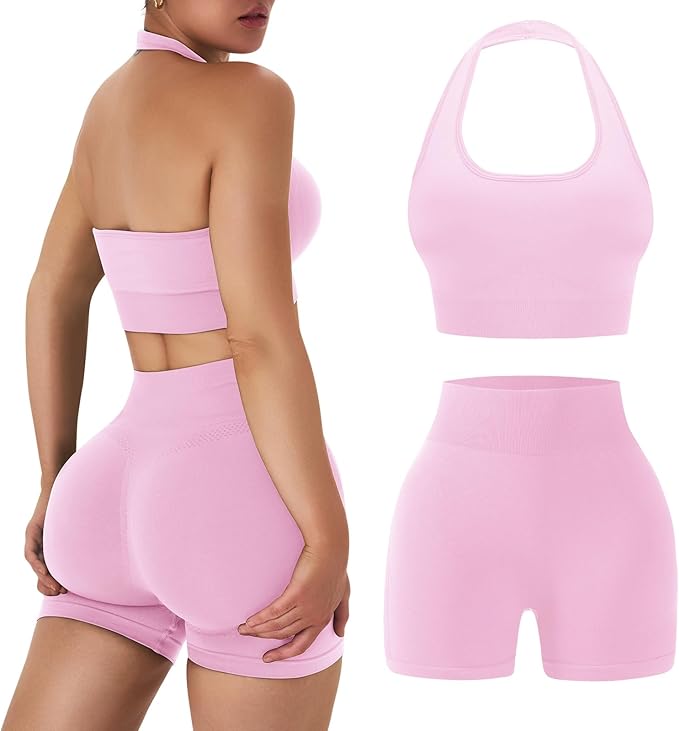 OLCHEE Workout Sets for Women 2 Piece Backless Halter Sports Bra High Waist Booty Shorts Yoga Gym Outfits Lounge Activewear