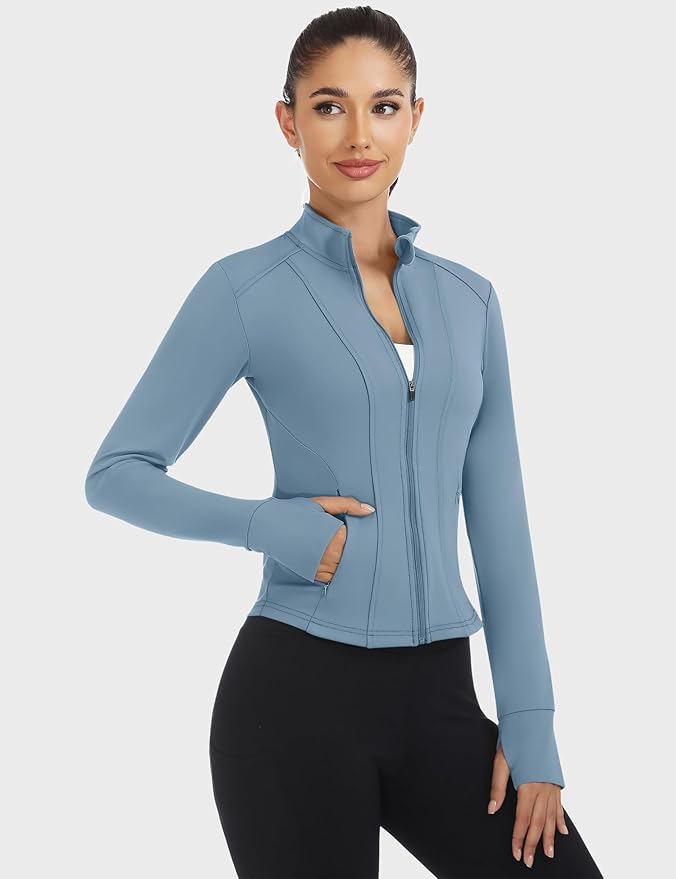 Loovoo Women's Workout Jacket Lightweight Zip Up Athletic Jackets Cropped Slim Fit Running Yoga Tops with Pockets