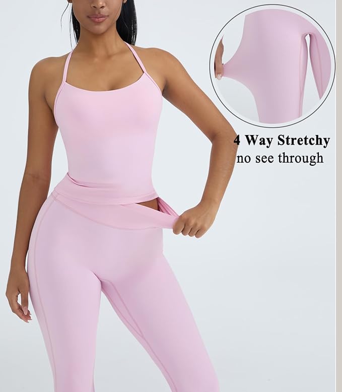 OMKAGI 2 Piece Workout Sets for Women Padded Tank Tops Flare Leggings Pilates Outfits