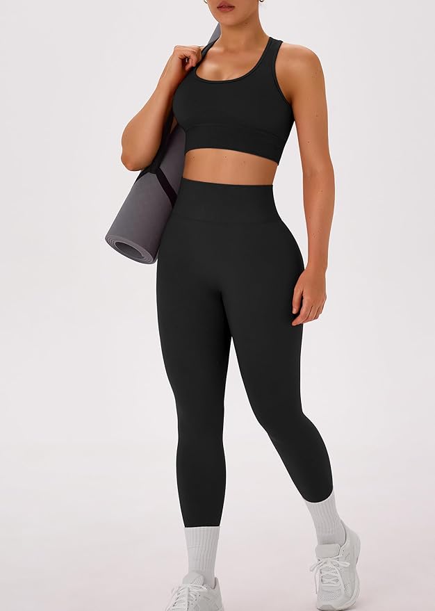 OLCHEE Womens Workout Sets 2 Piece - Acid Wash Seamless Yoga Outfits High Waist Leggings Padded Racerback Sports Bra Gym Set