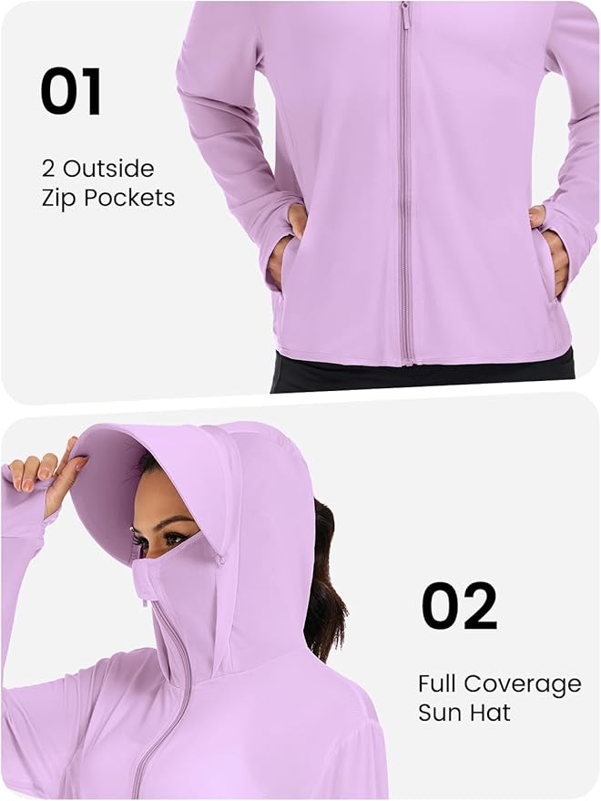 VUTRU Women UPF 50+ Sun Protection Jacket Hoodie Lightweight Full Zip Pockets Running Shirts Long Sleeve for Hiking Outdoor