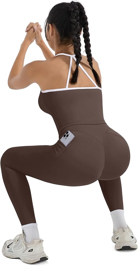 SUUKSESS Women 2 Piece Workout Sets Compression Tummy Control Leggings with Pockets Halter Built in Bra Tank Tops