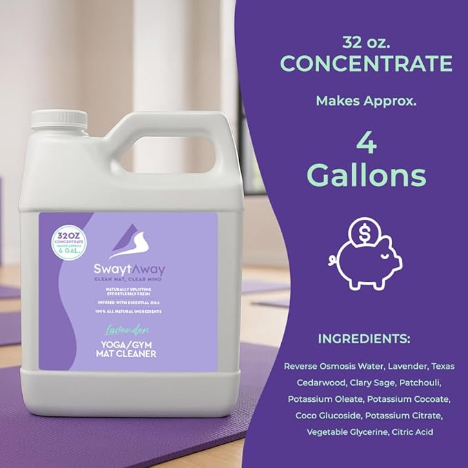 SwaytAway Fitness Mat Cleaner Concentrate – 32oz/Make 4 Gal - No-Slip No-Residue Lavender Essential Oil Formula – USA Made Aromatherapy Yoga Mat Spray for Home & Studio – Natural Cleaning Solution