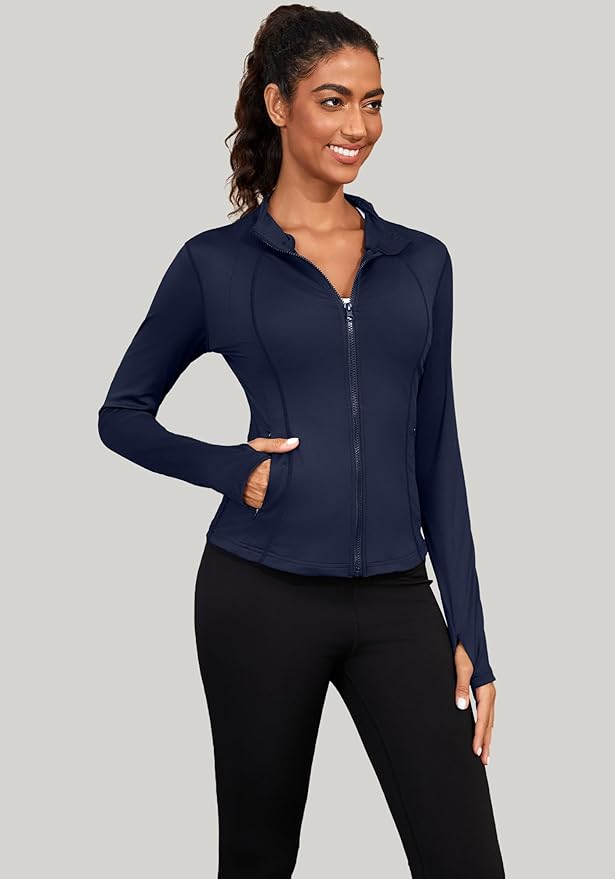 Bosmeer Workout Jackets for Women Lightweight Zip Up Slim Fit Yoga Sportwear Stretchy Crooped Running Jacket with Thumb Holes
