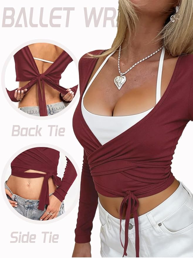 Danysu Ballet Wrap Tops Long Sleeve Cross Tie Crop Shirts Deep V-Neck Dance Clothes Fall Cardigans
