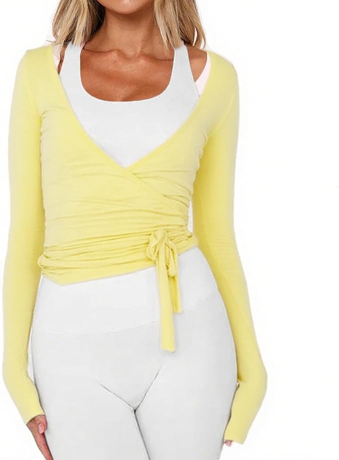 Women Ballet Wrap Top Long Sleeve Self Tie Dance Shirt Pilates Yoga Tops Y2k Workout Active Blouses