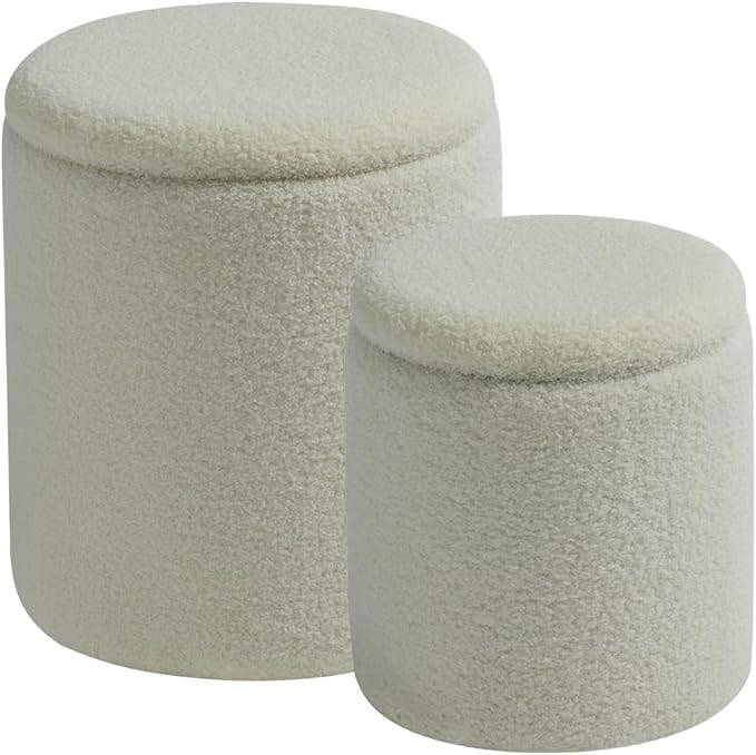 BLEXA Round Ottoman with Storage Set of 2-Upholstered Sherpa Vanity Stool for Makeup Multifunctional Ottomans Coffee Table Padded Seat Foot Rest for LivingRoom&Bedroom(Sherpa White)