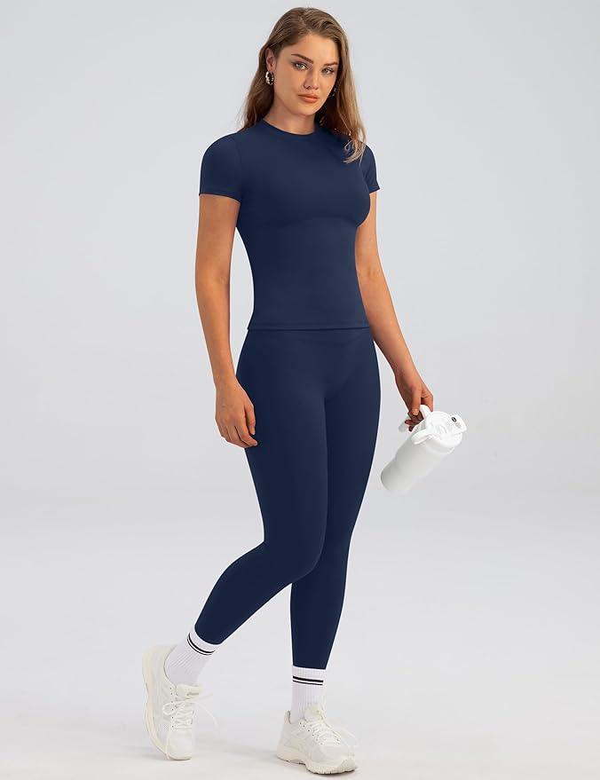 Relety Womens Two Piece Workout Sets Slim Fit Short Sleeve Shirt High Waist Leggings Yoga Outfits Matching Gym Set