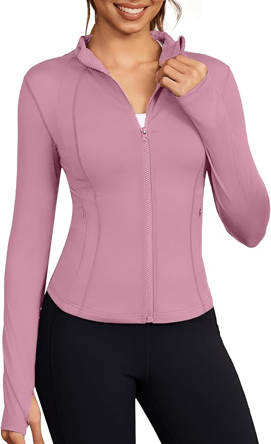 Bosmeer Workout Jackets for Women Lightweight Zip Up Slim Fit Yoga Sportwear Stretchy Crooped Running Jacket with Thumb Holes