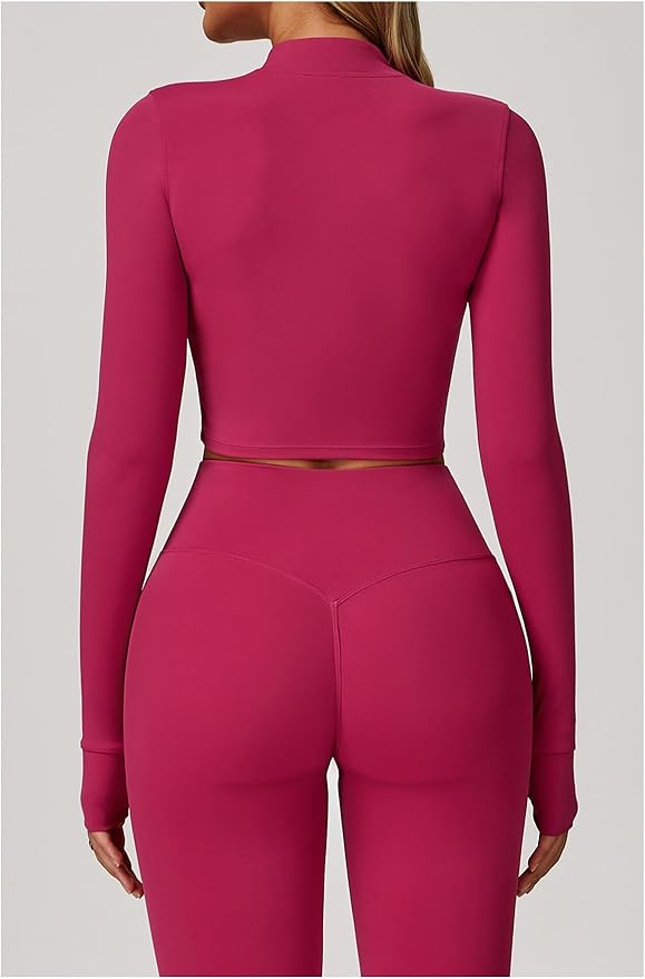 Yknktstc Womens Full Zip Athletic Jacket with Thumbhole Long Sleeve Crop Top Running Workout Yoga Sportswear Shirt