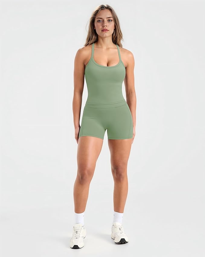 SUUKSESS Women 2 Piece Workout Sets High Waisted Biker Shorts with Pockets Built in bra Racerback Tank Tops