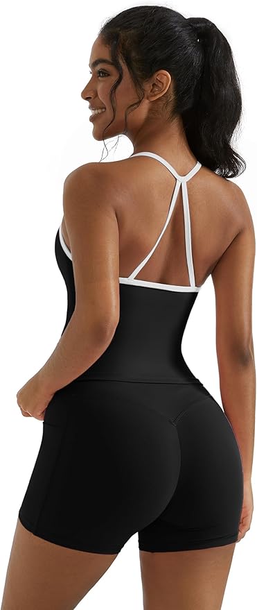 OMKAGI 2 Piece Workout Sets for Women Padded Sports Bra Tank Booty Gym Shorts with Pockets