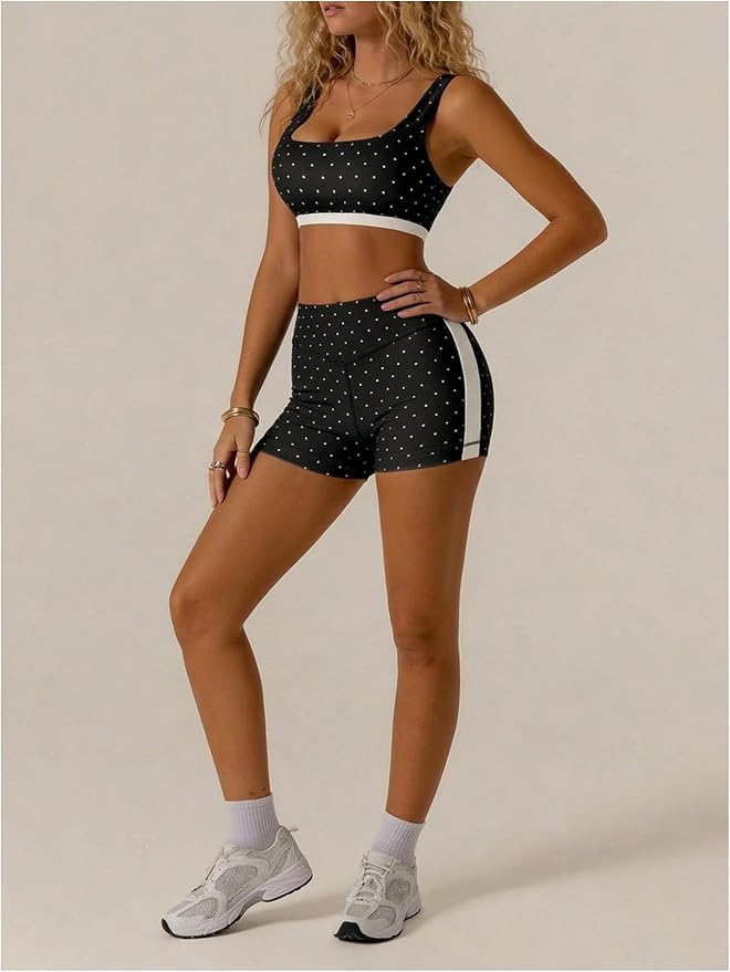Milumia Women's Polka Dots Workout Set 2 Piece Color Block Yoga Outfit Bra Tank High Waisted Biker Shorts