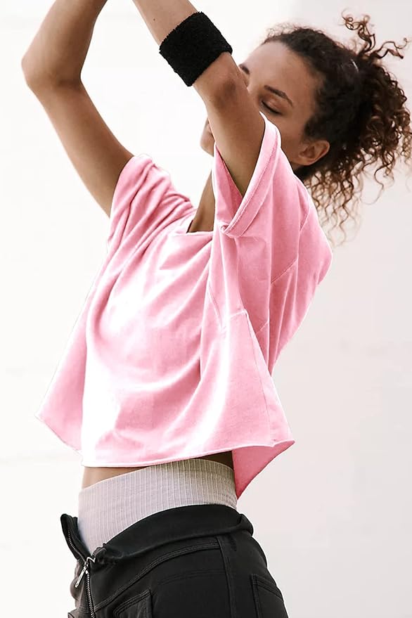 Women's Oversize Workout Crop Tops Casual Short Sleeve Drop Shoulder Boxy T-Shirts Roll Hem Basic Loose Yoga Running Tees