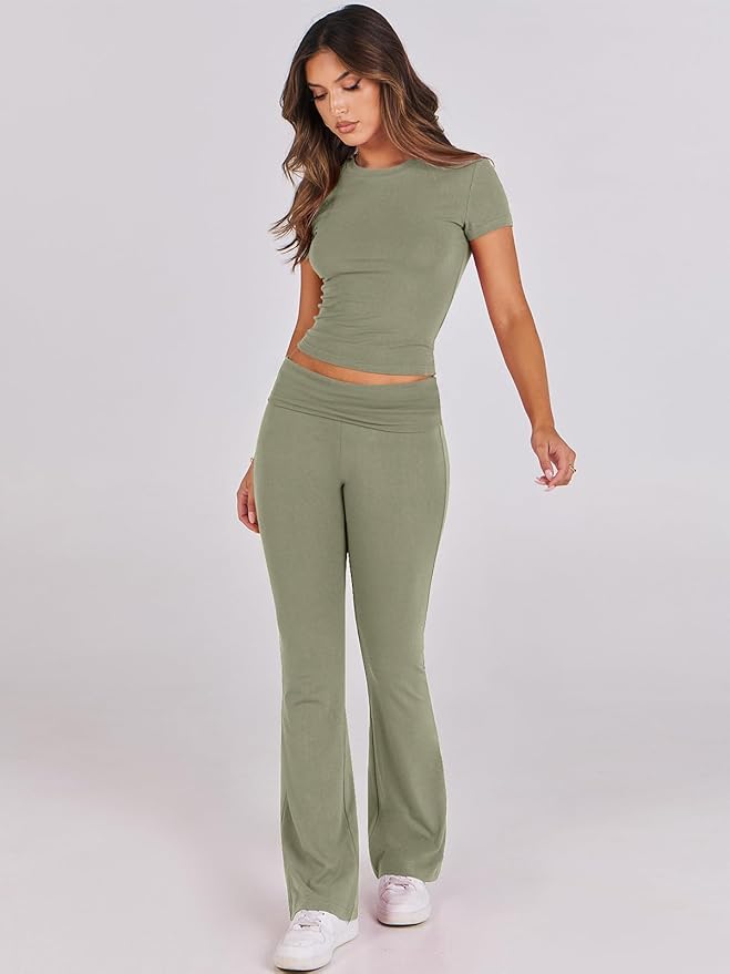 ANRABESS Lounge Sets for Women 2 Piece Foldover Yoga Flare Leggings Pants Crop Tops Casual Y2K Outfits Matching Tracksuit Set