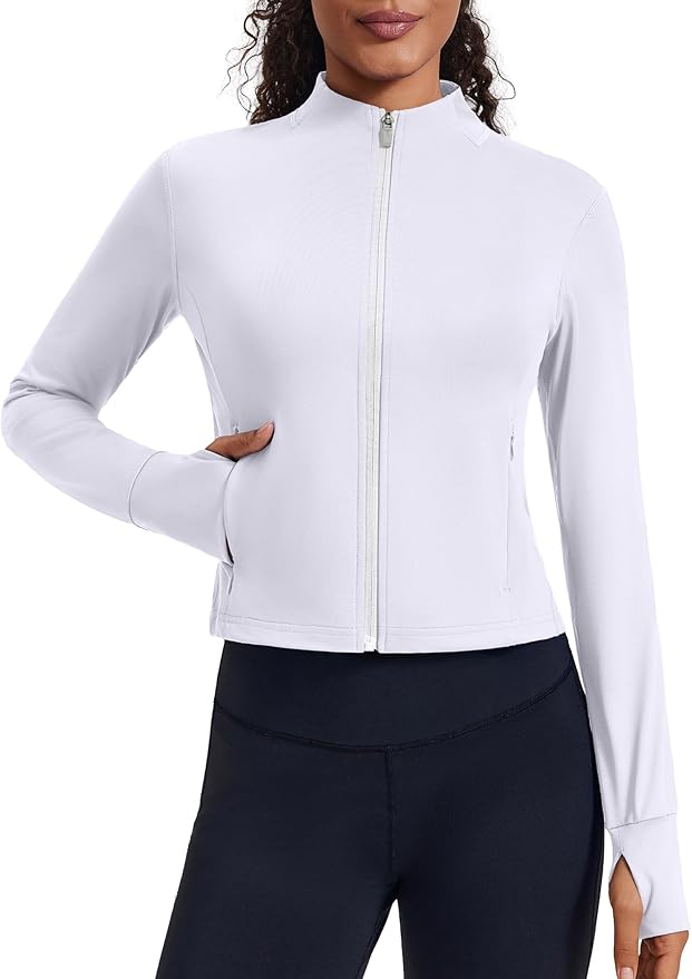 PINSPARK Women Cropped Workout Jackets Full Zip Slim Fit Athletic Jackets Thumb Holes Running Jacket with Zipper Pockets