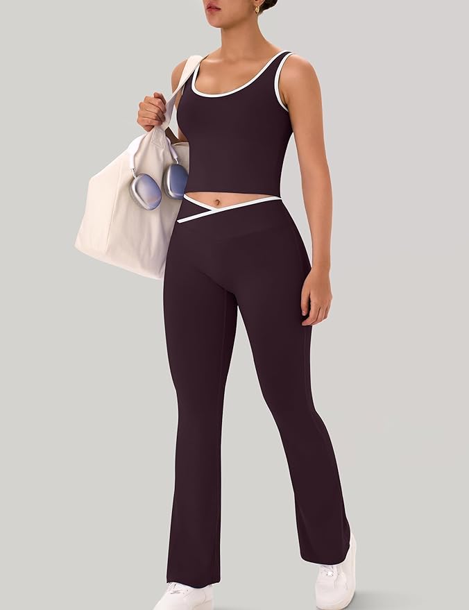 OLCHEE Womens Workout Sets 2 Piece Gym Yoga Outfits Crossover Flare Leggings Crop Tank Top with Contrast Trim
