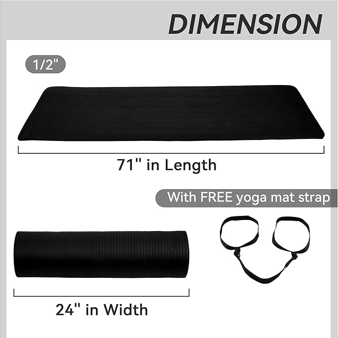 Fitvids Yoga Mat, 1/2-Inch Extra Thick High Density Exercise Mat, Anti-Tear Exercise Yoga Mat with Carrying Strap, Suitable for Various Yoga Exercises