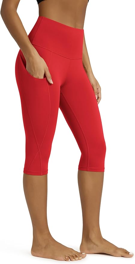 ODODOS Women's High Waisted Yoga Capris with Pockets, Tummy Control Non See Through Workout Athletic Running Capri Leggings
